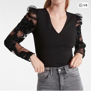 Express Black Bodysuit with Floral Lace Sleeves